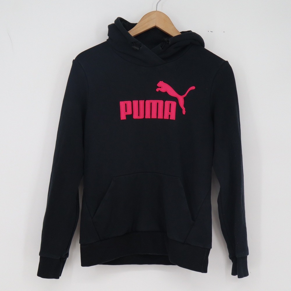 Puma Hoodie Womens Medium Black Pink Logo Pullover Excellent